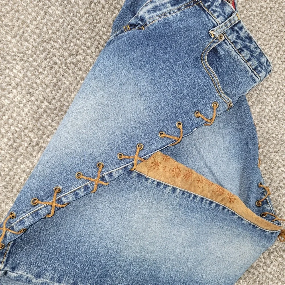 Vintage Mudd Flare Jeans Y2K Lace Up Side Floral Embroidered Hem Youth Girl 16